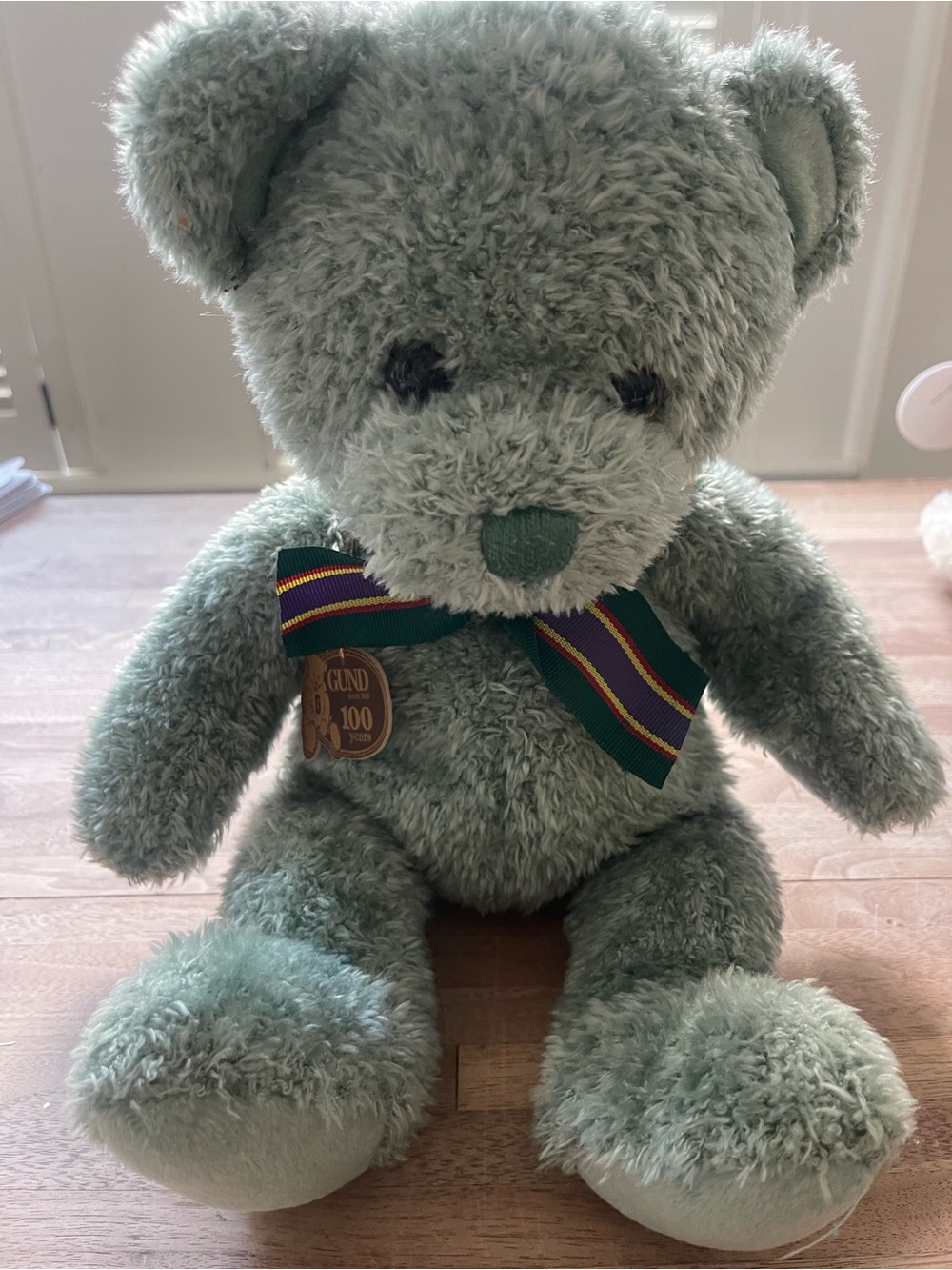 GUND 100 years Sage Green Plush Bear with Striped Bow